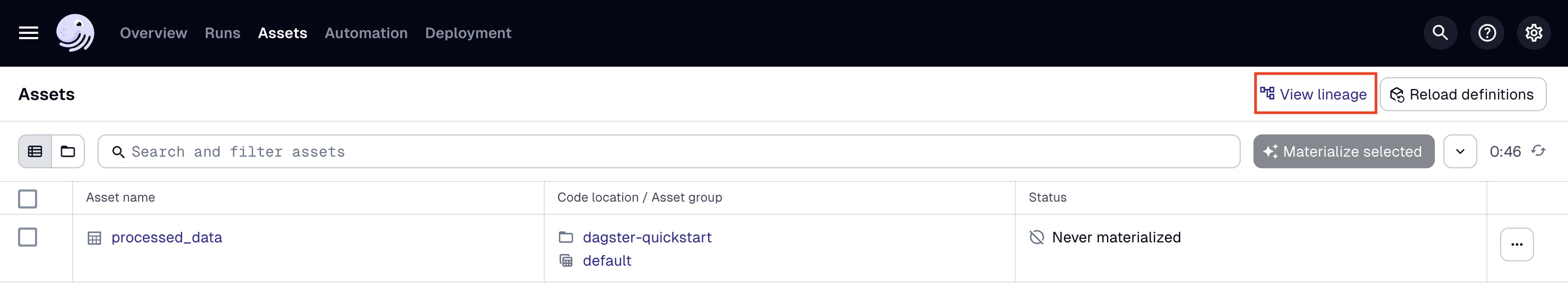 Dagster UI asset lineage page