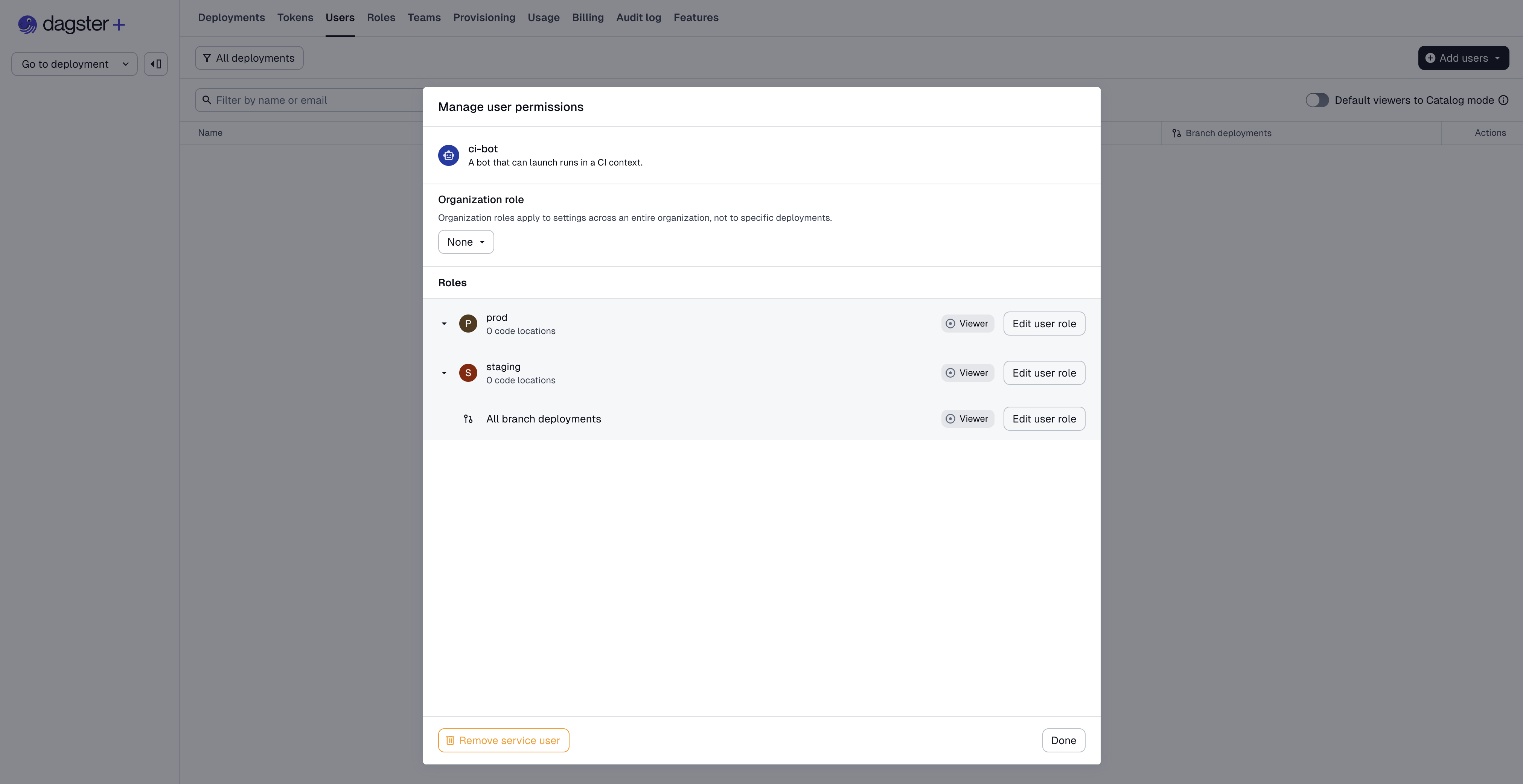 Screenshot of assigning roles to a service user
